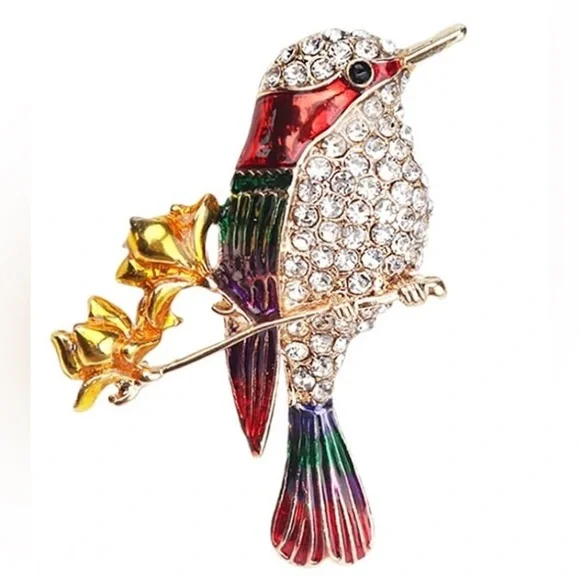 Fashion Rhinestone Hummingbird Brooch, Sparkly, Bling, Gold, Red - Picture 5 of 17